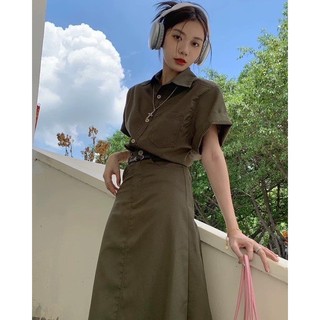 SET ÁO XANH CỔ SƠ MI CHÂN VÁY MIDI