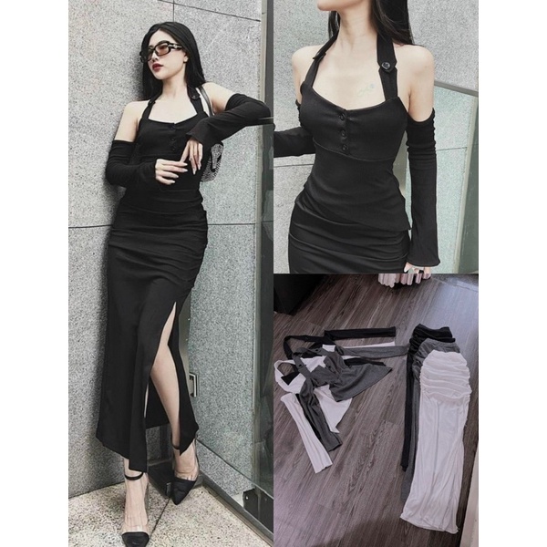 Set Áo Vạt Chéo Tay Dài Trễ Vai Choàng Dây Cổ Yếm Phối Nút Và Chân Váy Xẻ Tà Nhún Hai Hông - Dáng Dài Maxi Ôm Body Sexy
