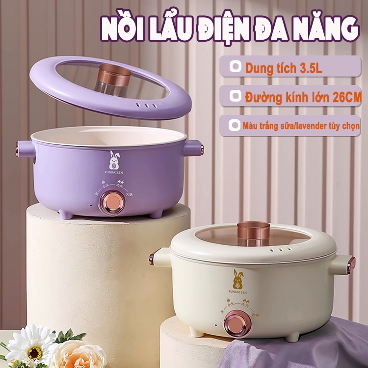 Nồi lẩu điện đa năng Chảo điện thông minh 3.5L 1000W ca nấu mì,cách nhiệt chống dính ,nấu canh, lẩu, xào chiên, hấp, nướ