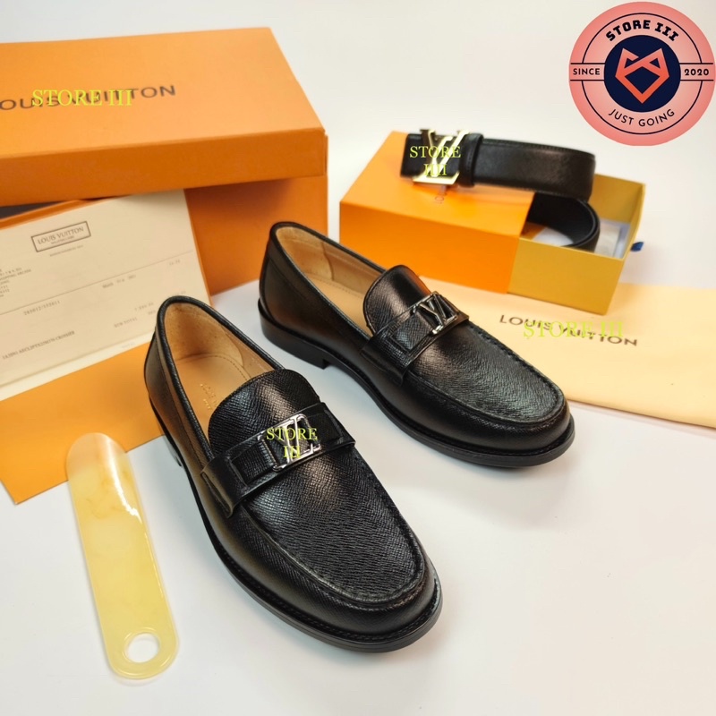 Giày lười nam hàng hiệu, giày loafer nam L.V cao cấp màu đen, da trơn, đế cao – STORE III