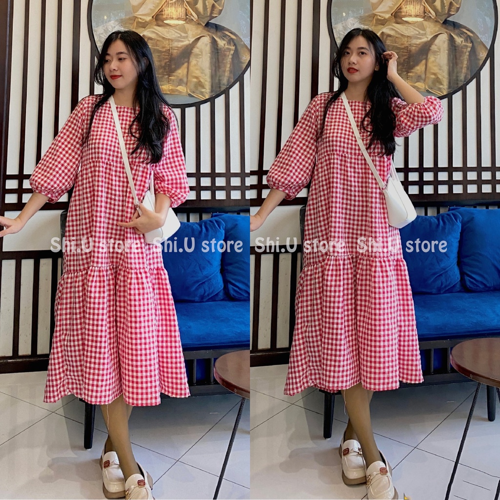 Váy babydoll tay bồng kẻ sọc caro xếp ly dáng dài cúc lưng dây buộc eo vintage phong cách Hàn Quốc