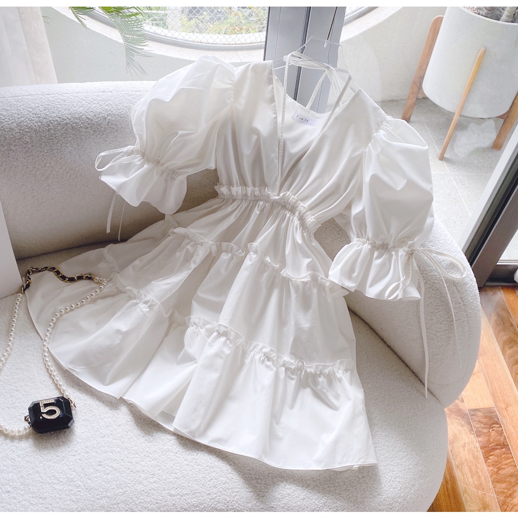 ĐẦM BBD CỔ V XÒE TRẮNG TAY BO BÈO (TH)