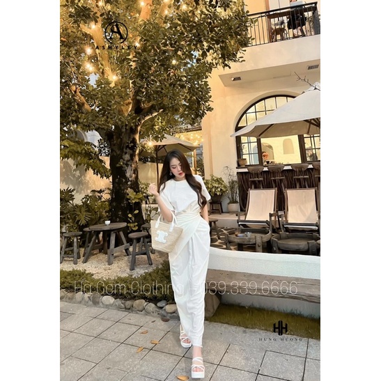 Set váy nữ dáng dài gồm áo cotton cơ bản mix chân váy quấn vạt