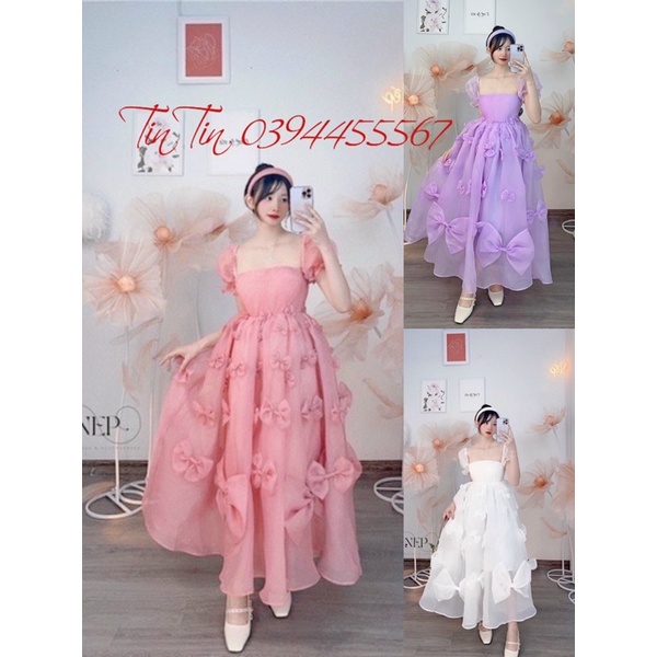 Đầm maxi voan tơ kiếng phồng kết nơ siêu xinh cho các nàng thơ công chúa 4 màu