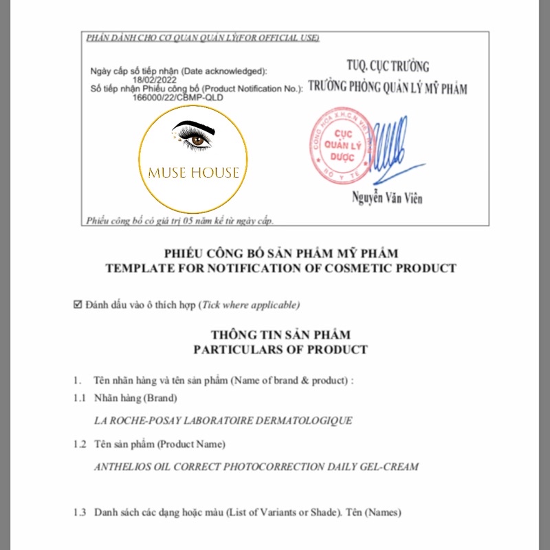 Kem Chống Nắng La Roche Posay Cho Da Dầu & Nhạy Cảm 50ml Anthelios Oil Correct Daily Gel-cream Spf50+ - Muse House