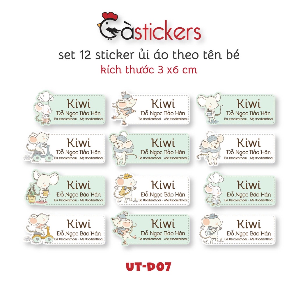Sticker ủi áo in tên trẻ em GaStickers UT-D07- bộ 12 miếng kích thước 3 x 6 cm