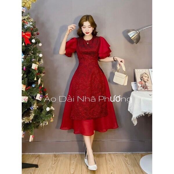 Đầm gấm tay cánh tiên áo dài cách tân