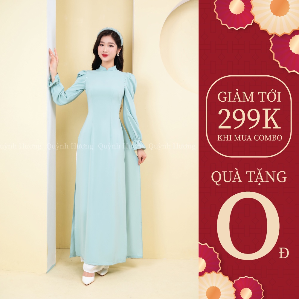 Áo dài truyền thống lụa mỹ xanh mint tay chun đính hạt trai siêu xinh by Quỳnh Hương