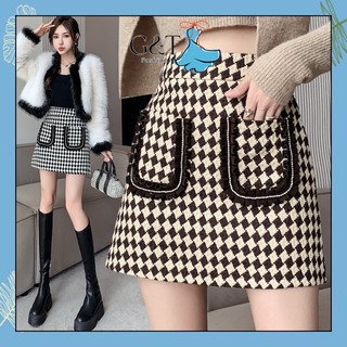 Chân váy dạ tweed dáng chữ A ngắn cạp cao kẻ hai túi - AT46