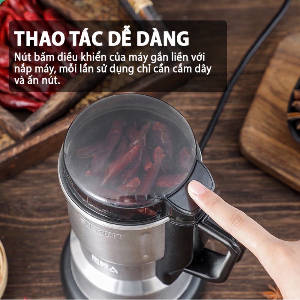 Máy Xay Hạt Khô Tiêu Chuẩn Châu Âu, Xay Ngũ Cốc Mini Công Suất 300w Lưỡi Dao 6 Cánh Thân Máy Bằng Thép Không Gỉ