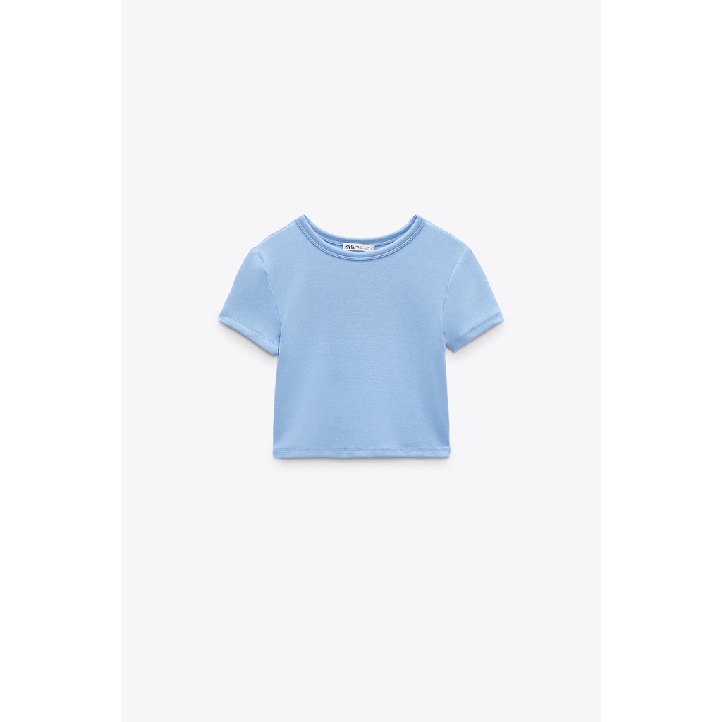 ZARA Đức - Áo croptop body thun cotton ngắn tay cổ tròn xanh dương sale auth new tag cao cấp chính hãng có sẵn 5584/375