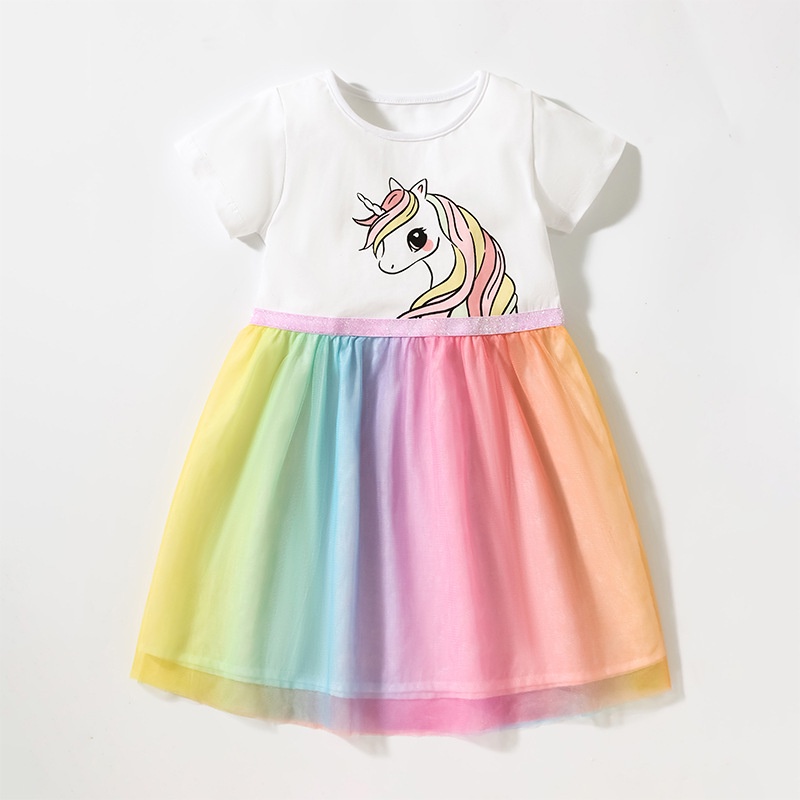 Váy Trắng Pony Cầu Vồng Phối Ren Cho Bé Gái 10-28kg