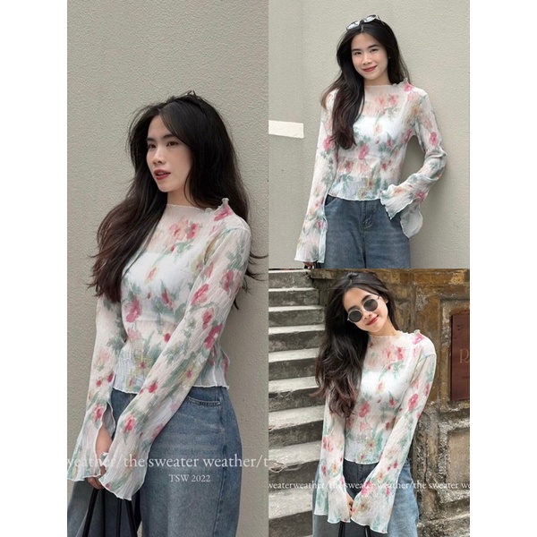 Áo voan tay loe Floral xuyên thấu (ko kèm áo trong) Vintage Hàn Quốc 2023 Dorita