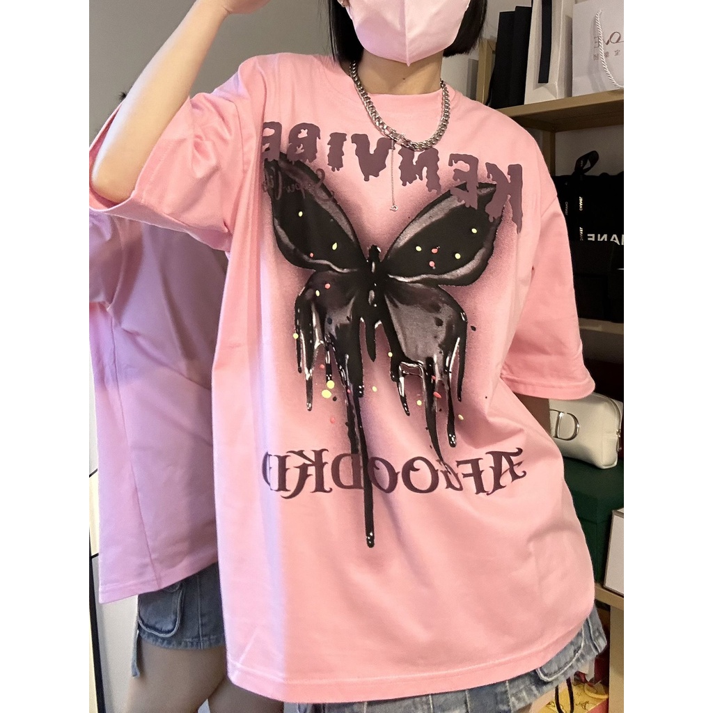 Áo Thun Cotton Tay Ngắn Dáng Rộng In Họa Tiết Bươm Bướm Phong Cách Mỹ Thời Trang Mùa Hè Cho Nam Và Nữ