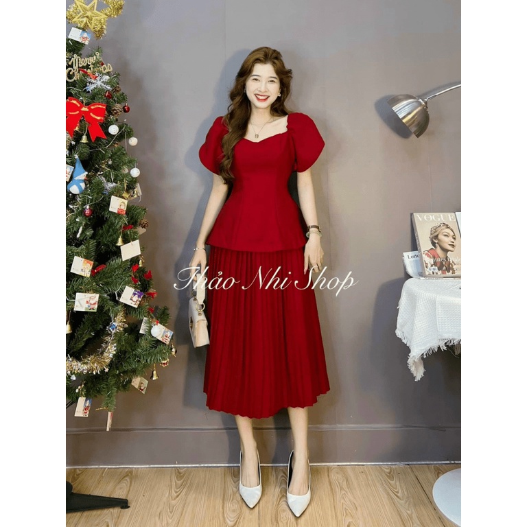 Set Bộ Nữ Đi Chơi Đầm Xếp Ly Dáng Xòe Kết Hợp Áo Tay Phồng Cổ Vuông Mặc Siêu Xinh NEW UNISEX