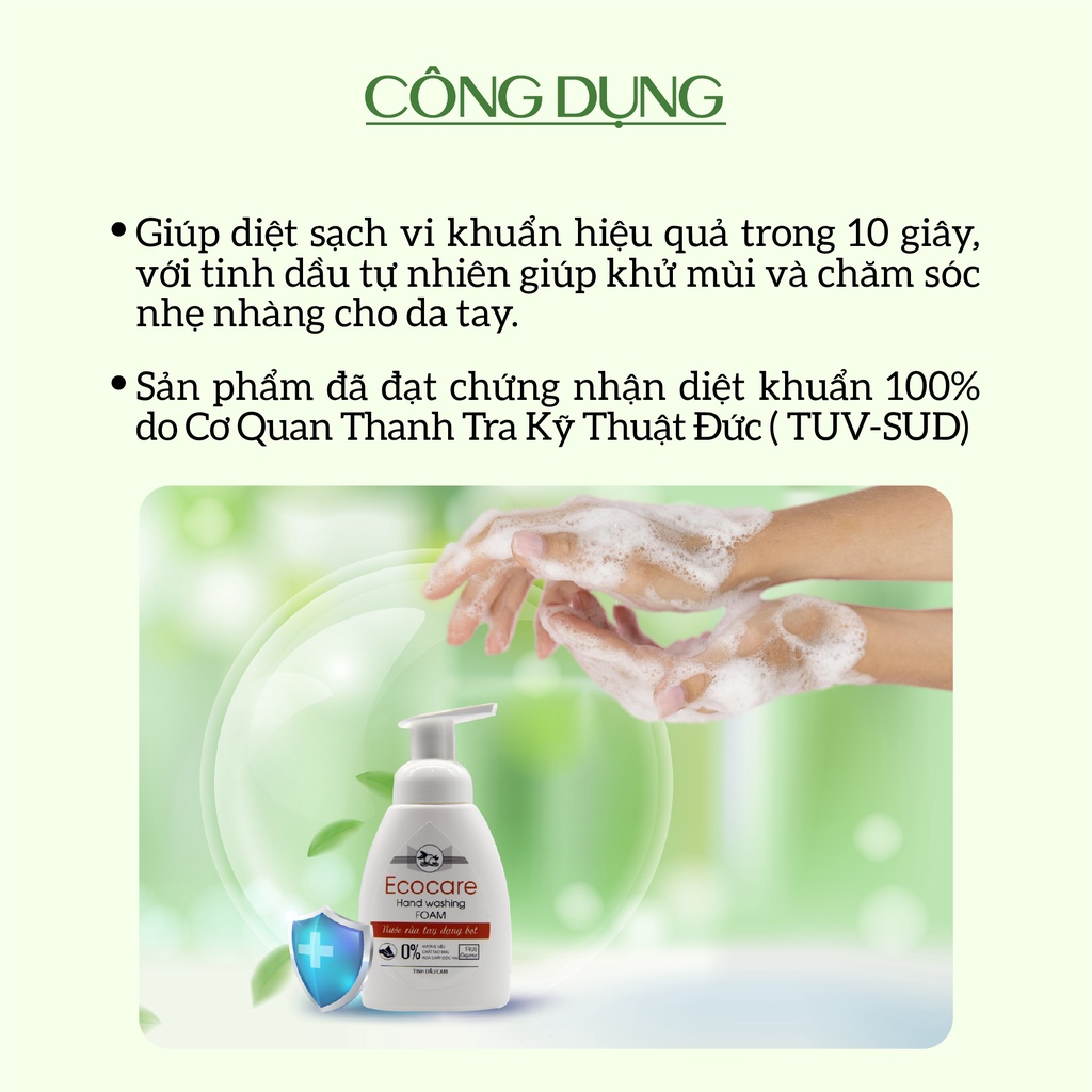 Nước Rửa Tay Hữu Cơ Dạng Bọt ECOCARE Hương Cam 250ml Bảo Vệ Bé Khỏi Vi Khuẩn Gây Bệnh, Giúp Dưỡng Ẩm Da Tay