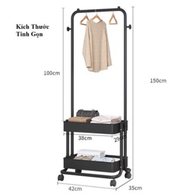 Giá Kệ Treo Quần Áo 2 Tầng Có Chỗ Để Đồ Và Bánh Xe Di Chuyển Dùng Cho Gia Đình, Sap, Sinh Viên (NC8)