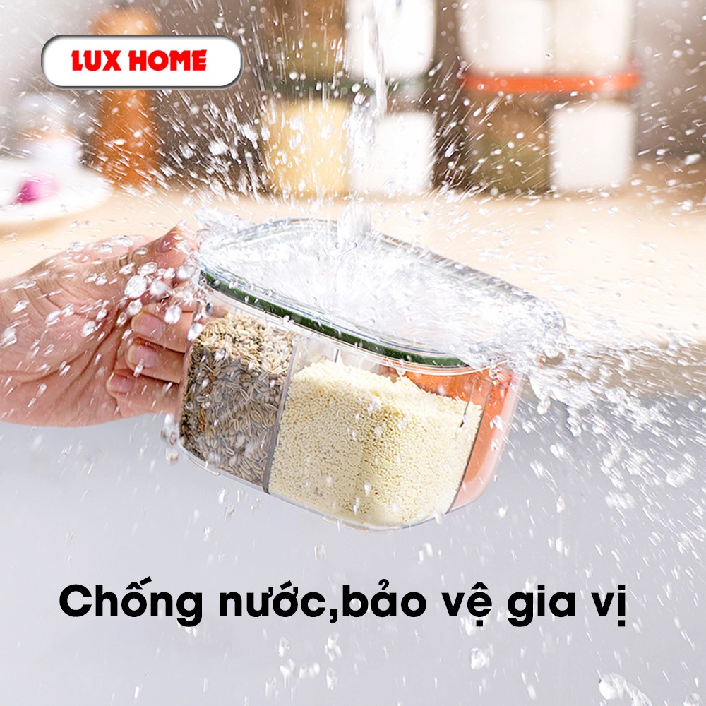 Hộp đựng gia vị 4 ngăn trong suốt kín khí, chống ẩm ướt, Hũ đựng gia vị chia ngăn có nắp đậy kèm thìa tiện lợi LUXHOME