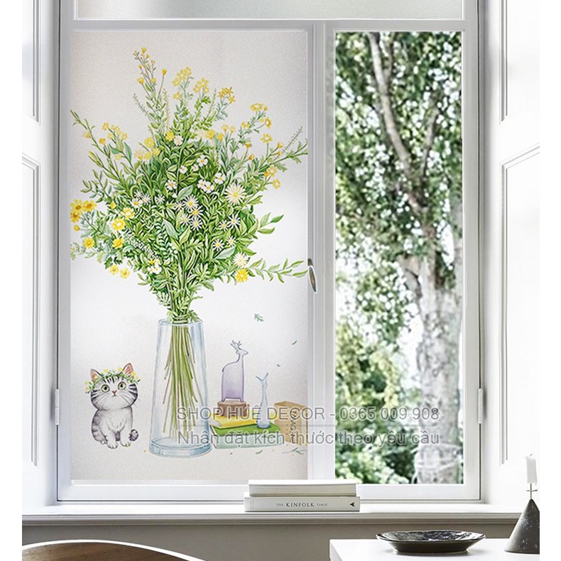 Decal dán cửa kính mờ chú mèo đáng yêu dán cửa sổ cửa đi đơn giản sang trọng
