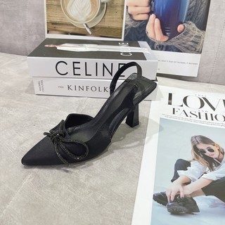 Sandal cao gót lụa khoá đính đá sáng cao cấp
