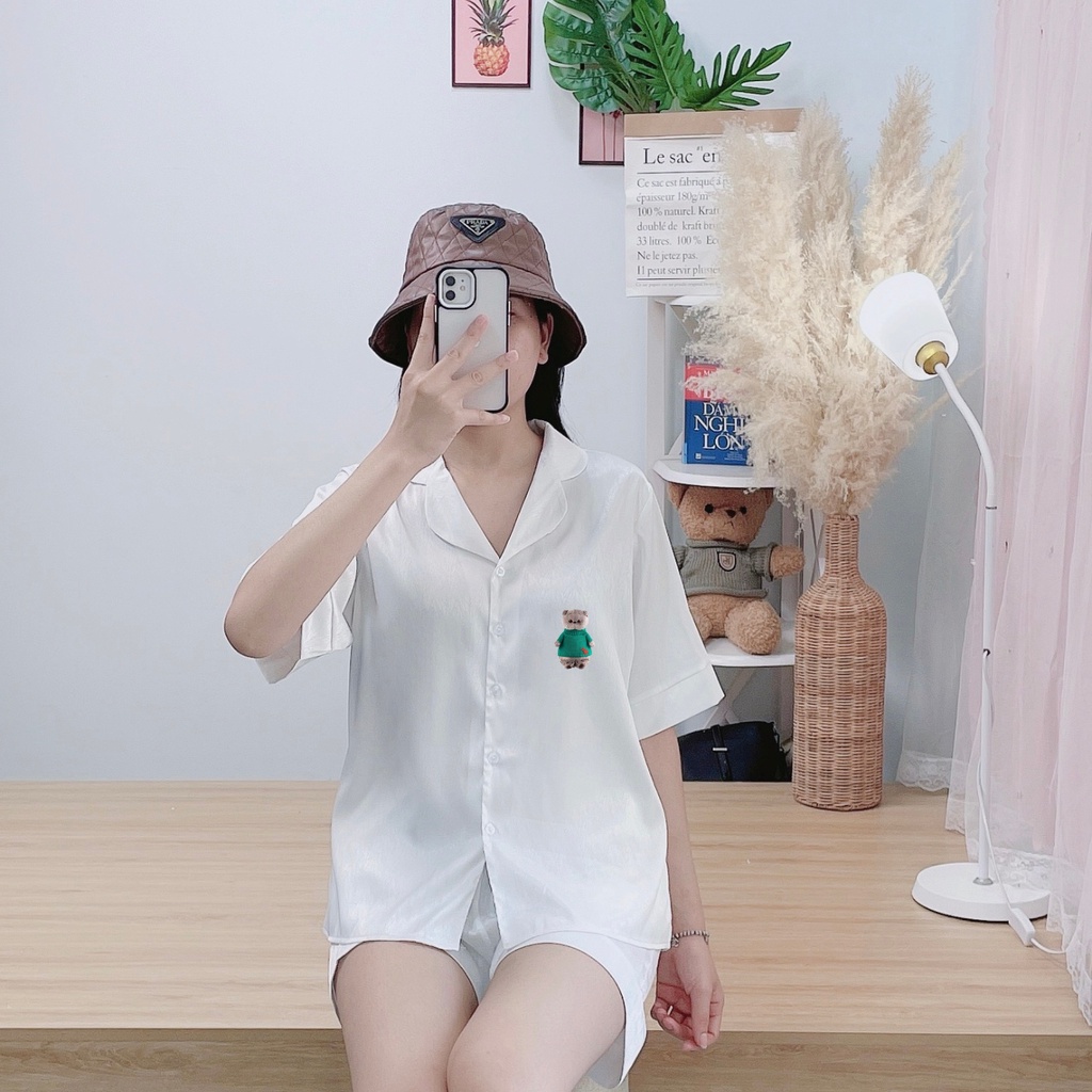 Bộ pijama đùi tơ tằm ÁNH KIM D4 mặc nhà mặc ngủ in hình chú mèo dễ thương FPLUS PJM