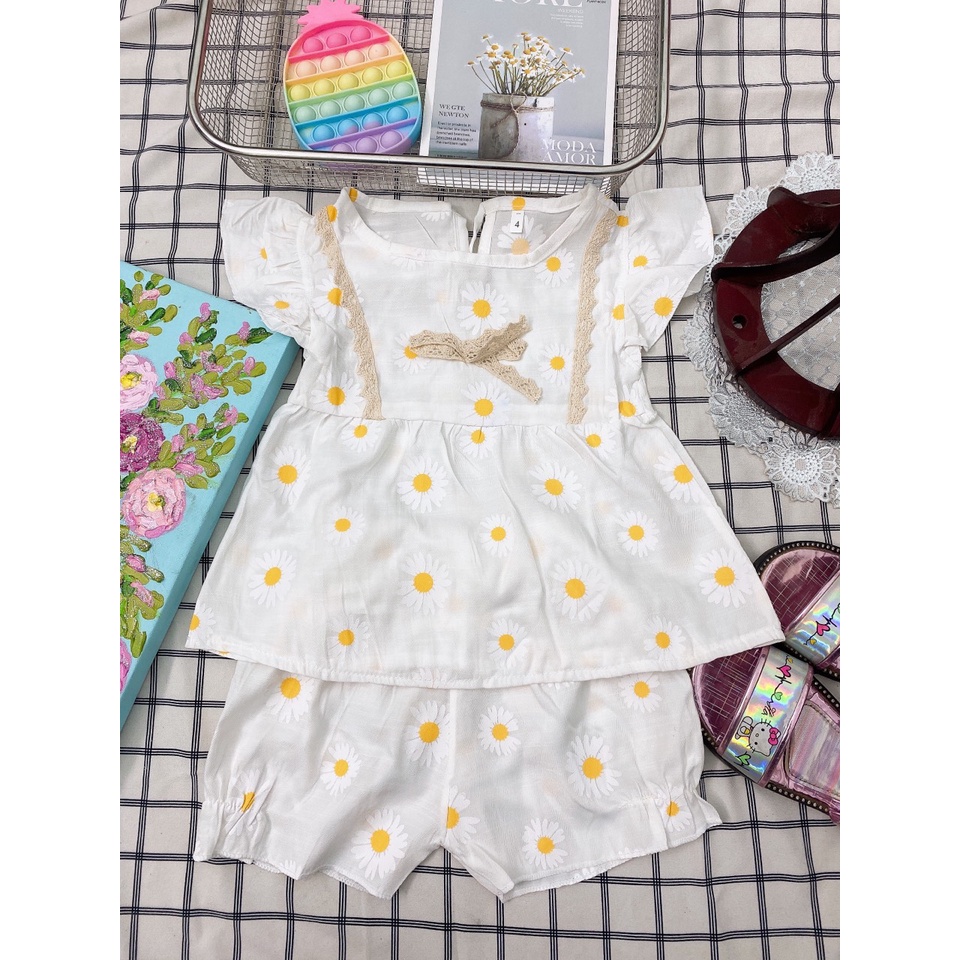 Bộ bé gái Bernie vai cánh tiên mẫu hoa cúc chất đũi mềm hàn quốc 6-16kg, bộ đũi nhí cho bé gái