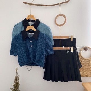 Set áo jean xù cổ đen + chân váy tennis đen