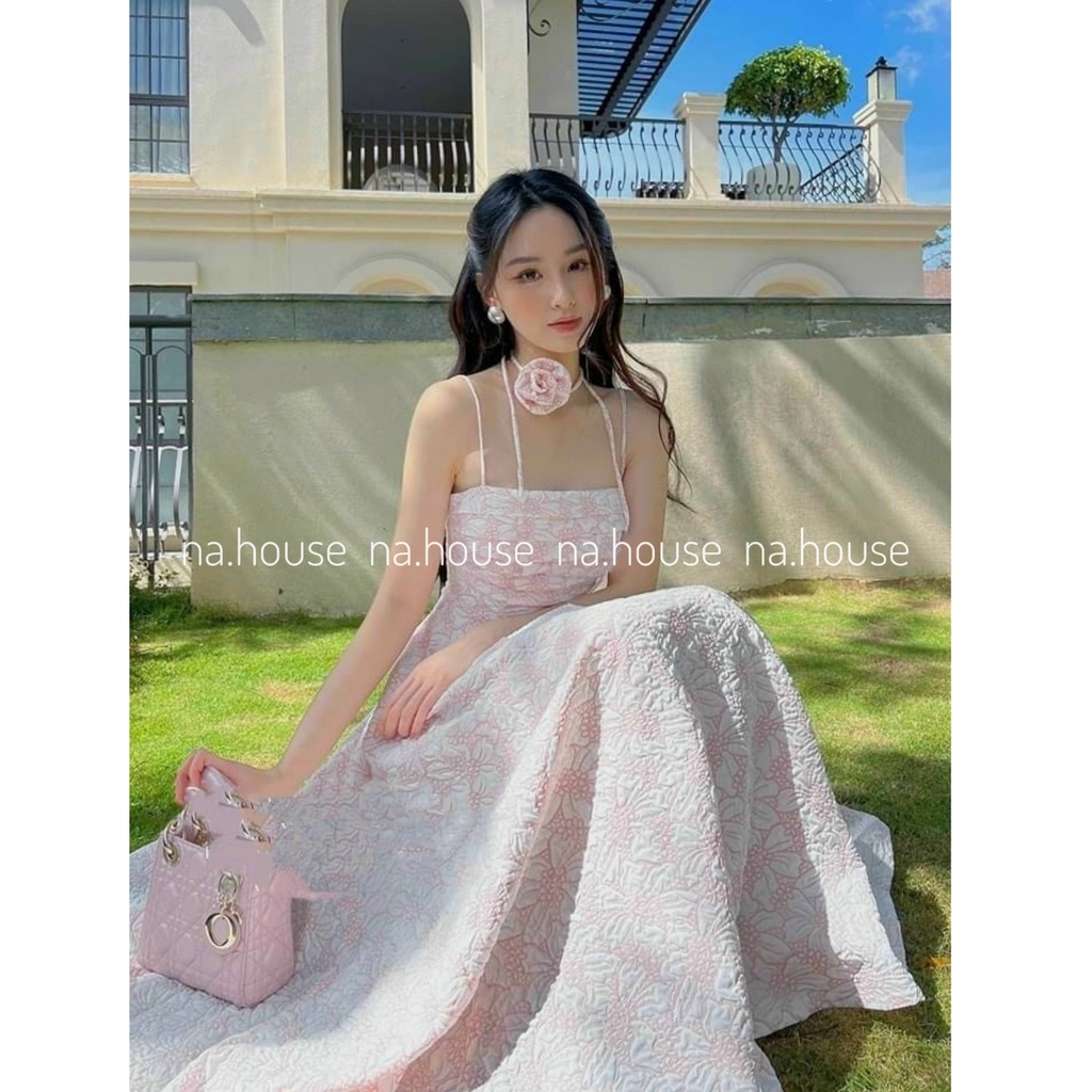 ĐẦM HỒNG MIDI HAI DÂY ĐI CHƠI ĐI TIỆC NAHOUSE VÁY GẤM XỐP 2S DÁNG DÀI KÈM CHOKER HOA THIẾT KẾ ĐẸP VÀ SANG TRỌNG