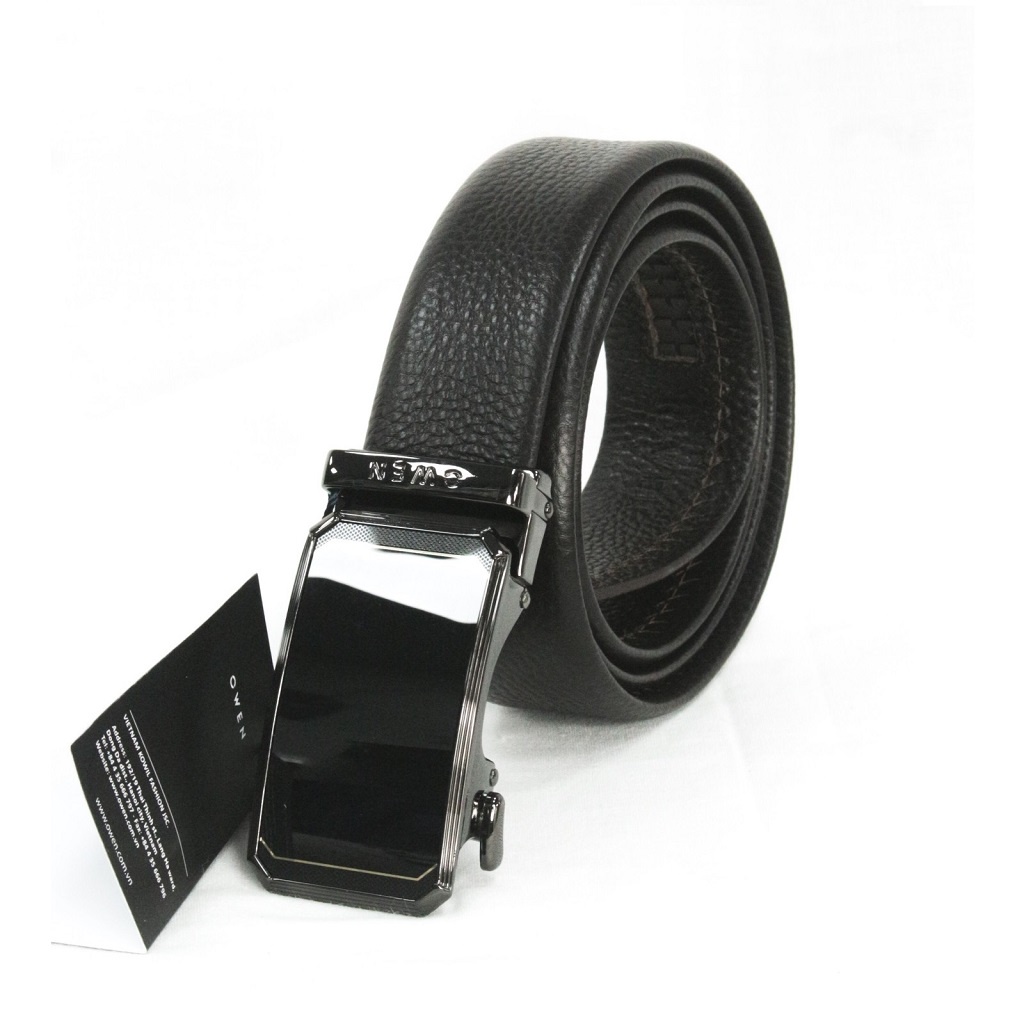 Thắt lưng nam da bò thật OWEN BELT220596 dây màu nâu cao cấp mặt đen đúc nguyên khối hợp kim nguyên khối khóa trượt