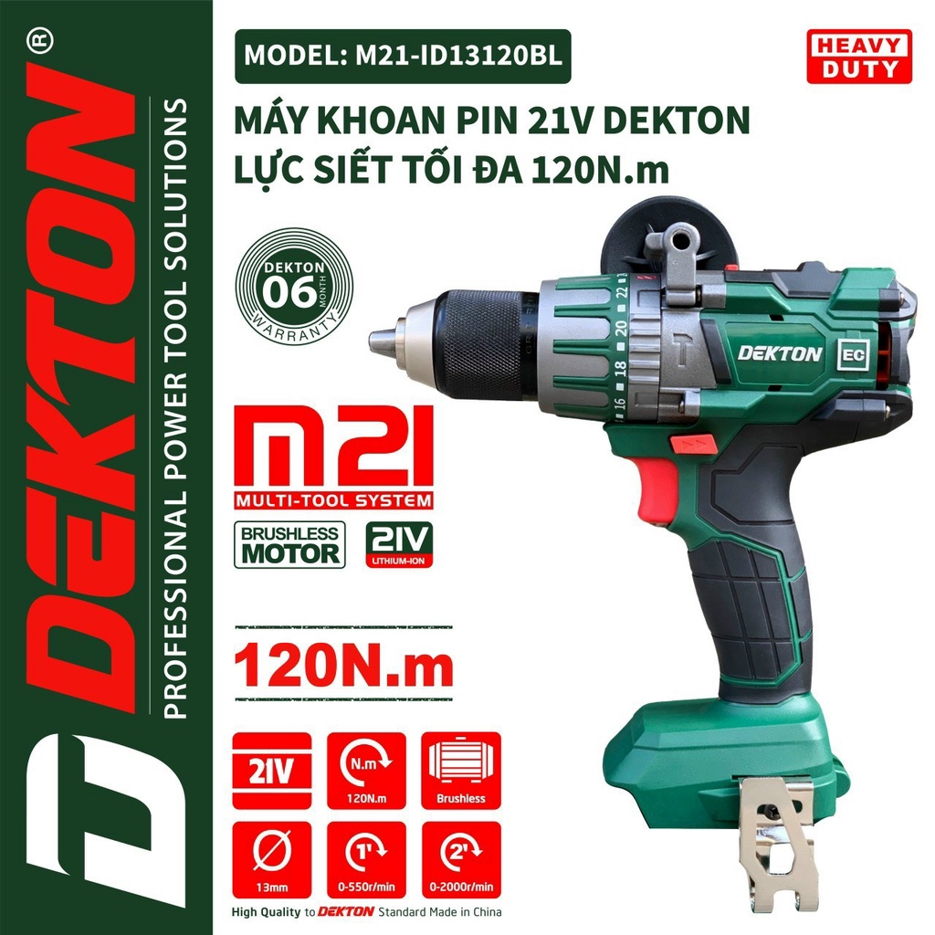 Máy Khoan Pin 3 Chức Năng Dekton M21-ID13120BL Đầu Cặp 13mm- Lực Xoắn 120N.m- Chân Pin Phổ Thông Makita