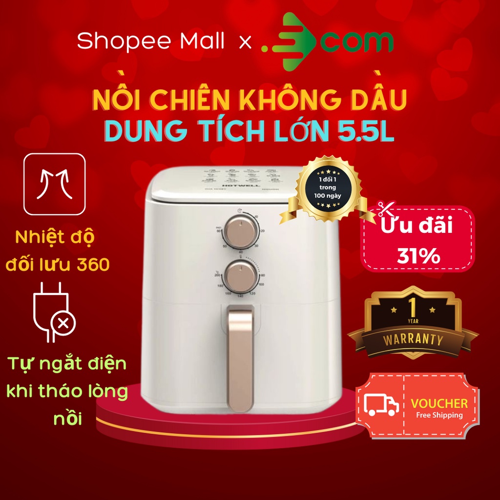 Nồi chiên không dầu Hotwell AF55H1 dung tích 5,5L công nghệ Rapid Air, bảo hành 12 tháng lỗi 1 đổi 1 trong 100 ngày