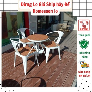 Bộ bàn ghế sân vườn đẹp ngoài trời khung thép cacbon phun sơn tĩnh điện mặt gỗ sồi cao cấp, Bộ bàn ghế ban công Rirobik