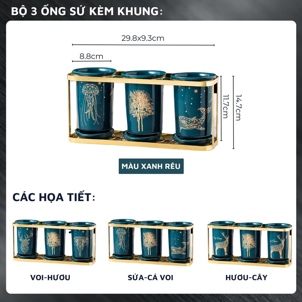 Bộ ống đựng sứ QH.Home DandiHome đựng đũa, thìa, muỗng cao cấp kèm khung thép