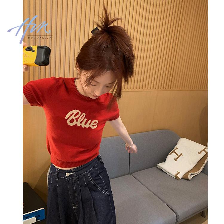 Áo Dệt Kim Tay Ngắn Cổ Tròn Hai Màu Sắc Phong Cách Retro Dành Cho Nữ