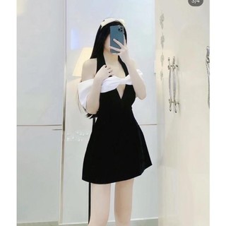 Đầm yếm nơ ngực rớt vai hai màu