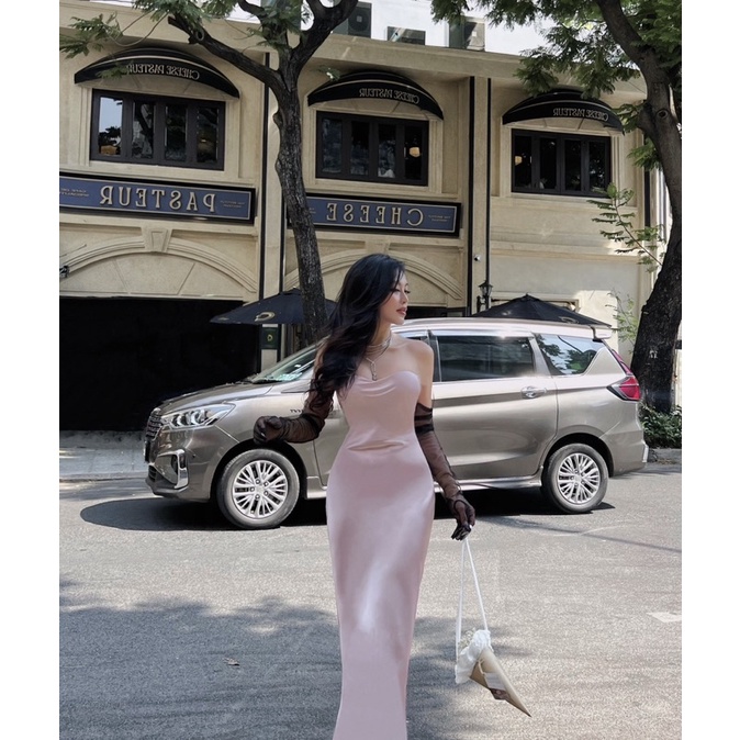 đầm lụa ống ngang lưng đổ dạ hội dáng dài đuôi cá có mút sẵn