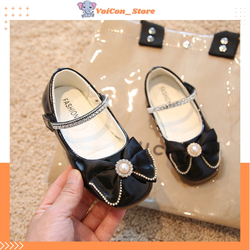 Giày búp bê bé gái, giày công chúa nơ ngọc đính đá xinh xắn cho bé 2-10 tuổi