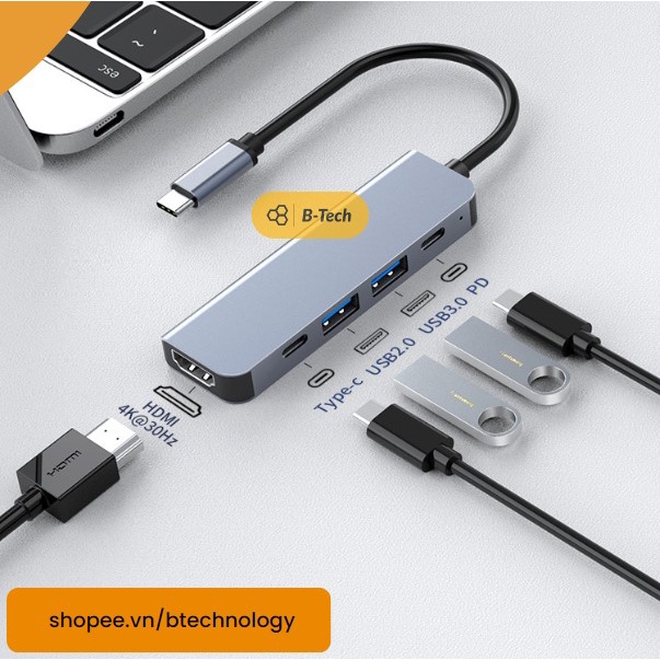 USB C Hub Type C Cổng chia chuyển đổi đa năng Macbook, máy tính Cổng HDMI 4K 30Hz/ USB 3.0/ Type C/ PD BTech B tech