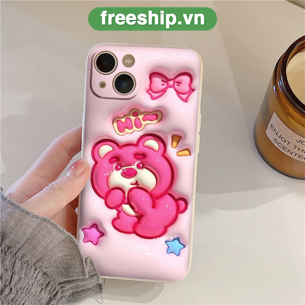Ốp lưng iphone vuông chống sốc gấu Los.to hồng cute bảo vệ camera cho ip 6/6s/7/8/X/XS/11/12/13/14 Pro Plus Max e4120