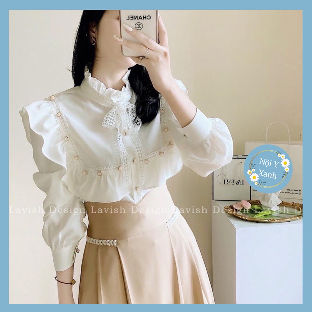 Áo sơ mi nữ - Áo sơ mi kiểu phối nơ điệu đà - tiểu thư sang chảnh mặc đi làm, đi học nội y xanh - chất mát