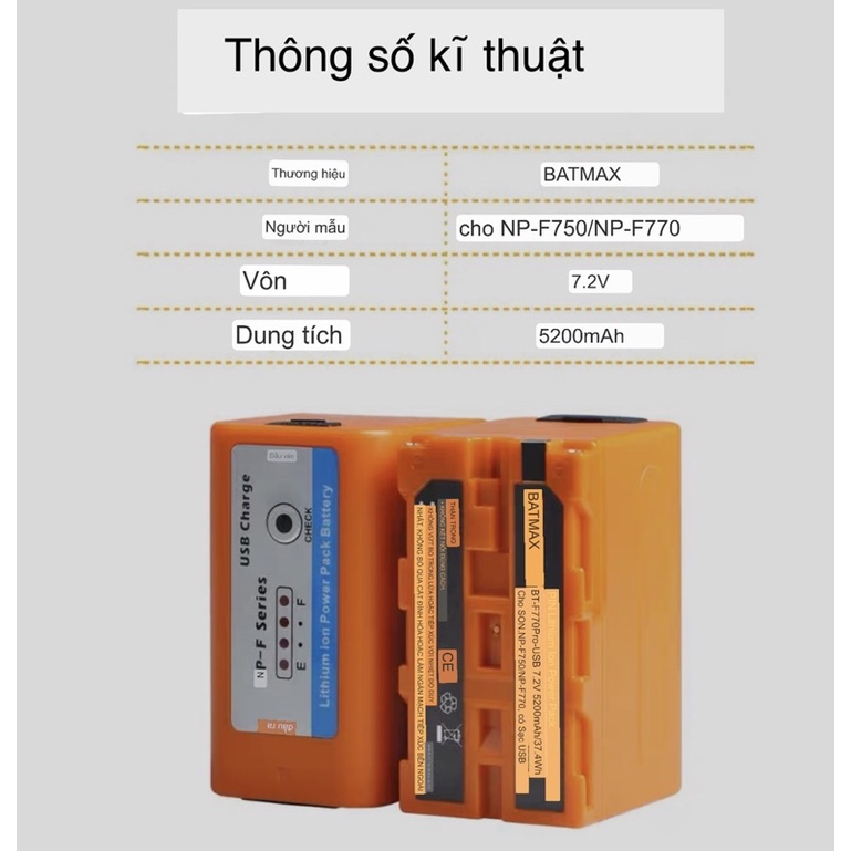 Pin NP-F750,F730,F770 - Đèn Led báo nguồn pin. Đầu ra USB 5200mAH