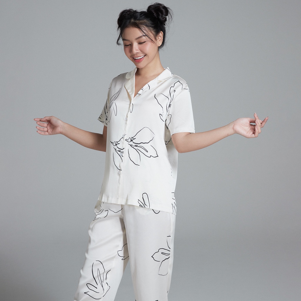 Bộ pyjama dài Maybi suông lụa phi in hoạ tiết