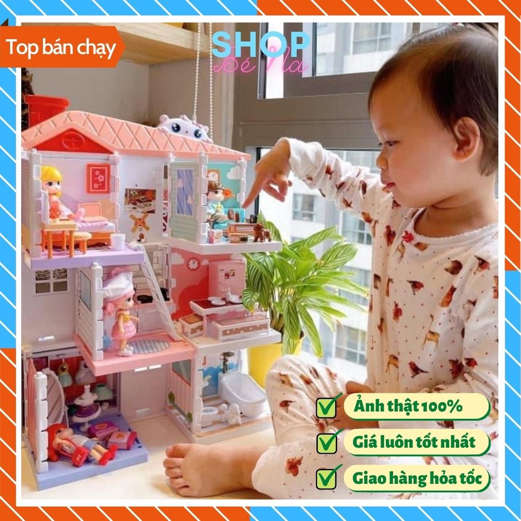 Đồ chơi trẻ em, nhà búp bê, barbie cỡ lớn lắp ráp mô hình nhà biệt thự kèm 4 búp bê mini chất liệu nhựa cao cấp