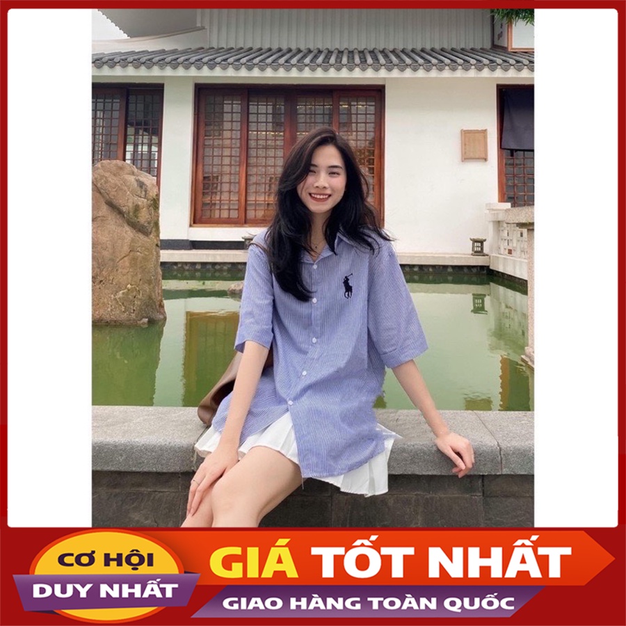 Áo Sơ Mi Kẻ Cộc Tay Thêu Logo Con Ngựa Form Rộng M2911 - Violet
