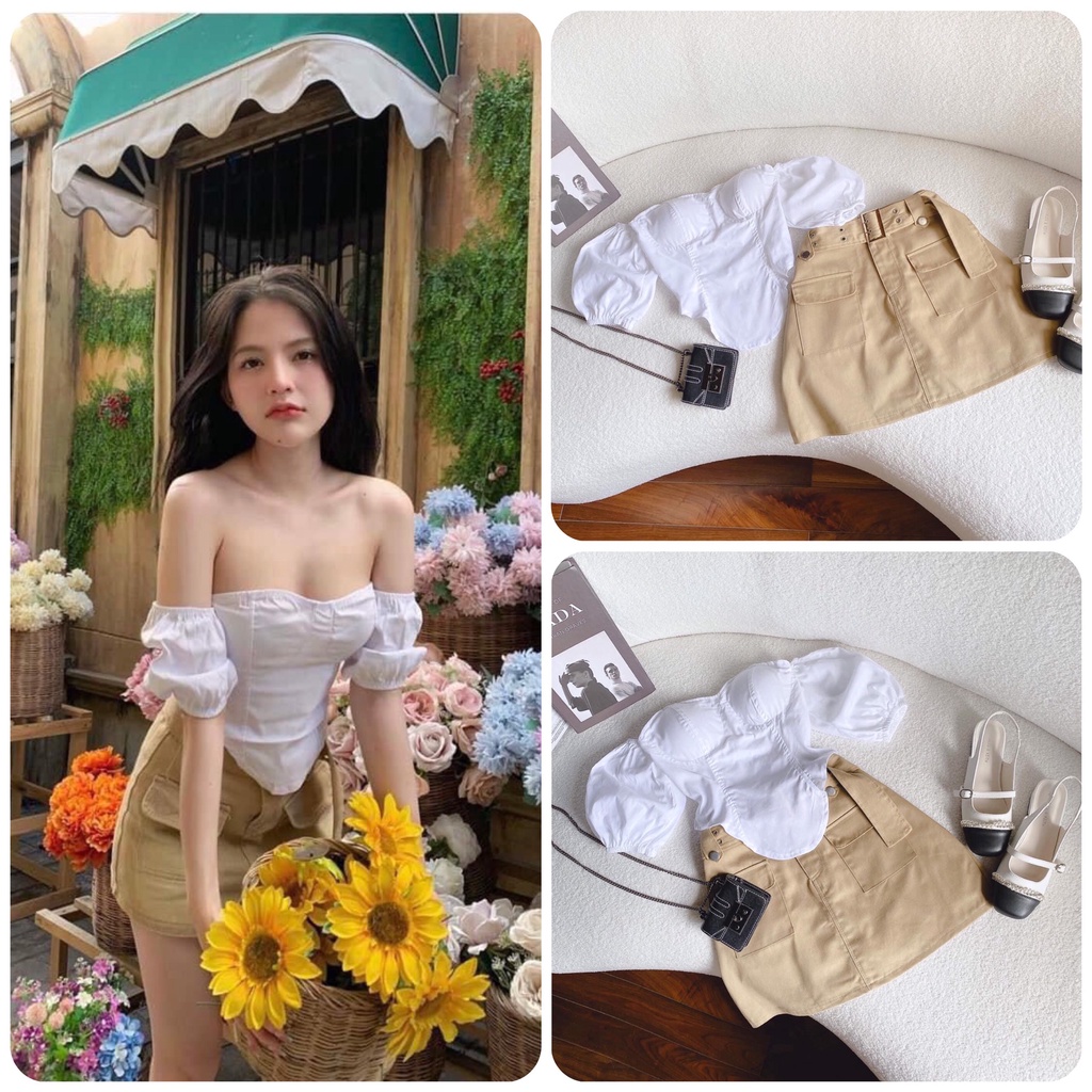 SET ÁO TRẮNG CÚP NGỰC RỚT VAI LAI BẦU CHÂN VÁY KAKI NUDE