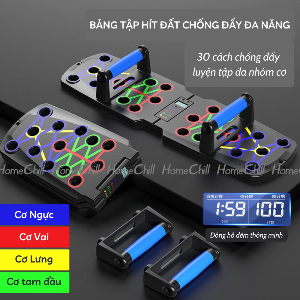 Bảng tập chống đẩy, dụng cụ hít đất đa năng 3in1, đồng hồ đếm thông minh, có vạch kẻ màu hướng dẫn, dễ dàng tập tại nhà