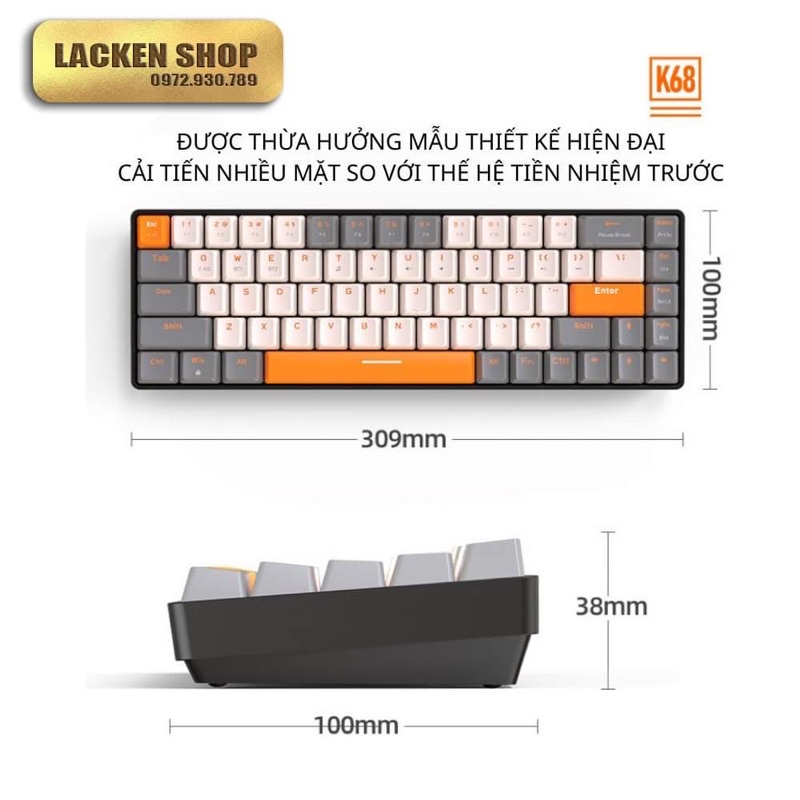 Bàn Phím CƠ BLUETOOTH Không Dây K68BT Trục Cơ RED Switch Hotswap