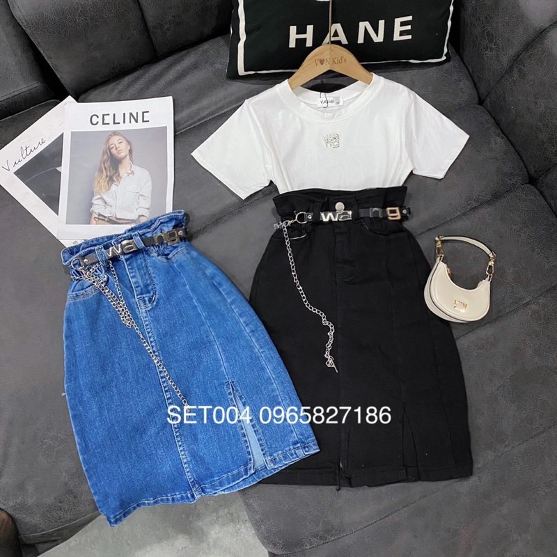 Set áo phông và chân váy bò sẻ trước kèm dây lưng cao cấp