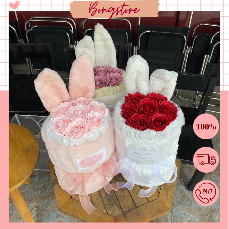 Bó hoa hồng Thỏ Bunny kèm túi 7 bông sáp giống thật siêu xinh làm quà tặng sinh nhật, ngày của mẹ, 20/10, 14/2, 8/3