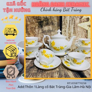 Ấm chén pha trà Bát Tràng-men Trắng vẽ Hoa Mai Vàng,ấm Phú Quý